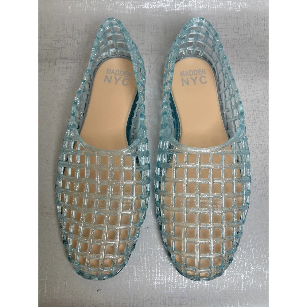 Madden NYC Kids Blue Glitter Jelly Flats Woven Cage Fisherman Shoes Big Girls 4
